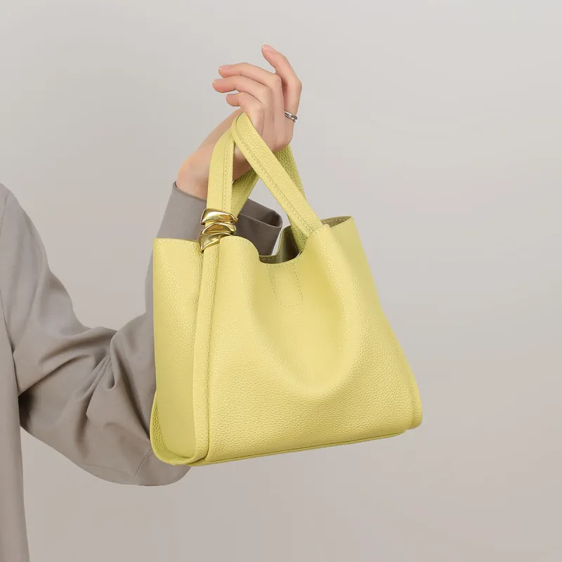 COMELY Cow Leather Bucket Bag Khaki One Shoulder Handbag Regular Women's Milkshake White/Iris Yellow-7