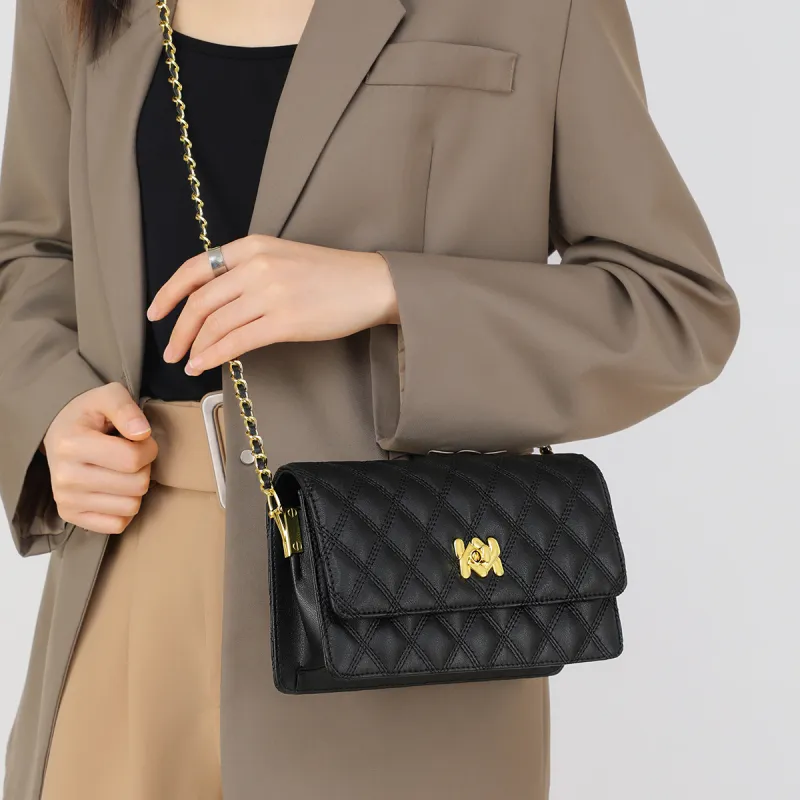 COMELY Cow Leather Patchwork Synthetic Leather Small Square Bag Shoulder Bag Regular Women's Black-3