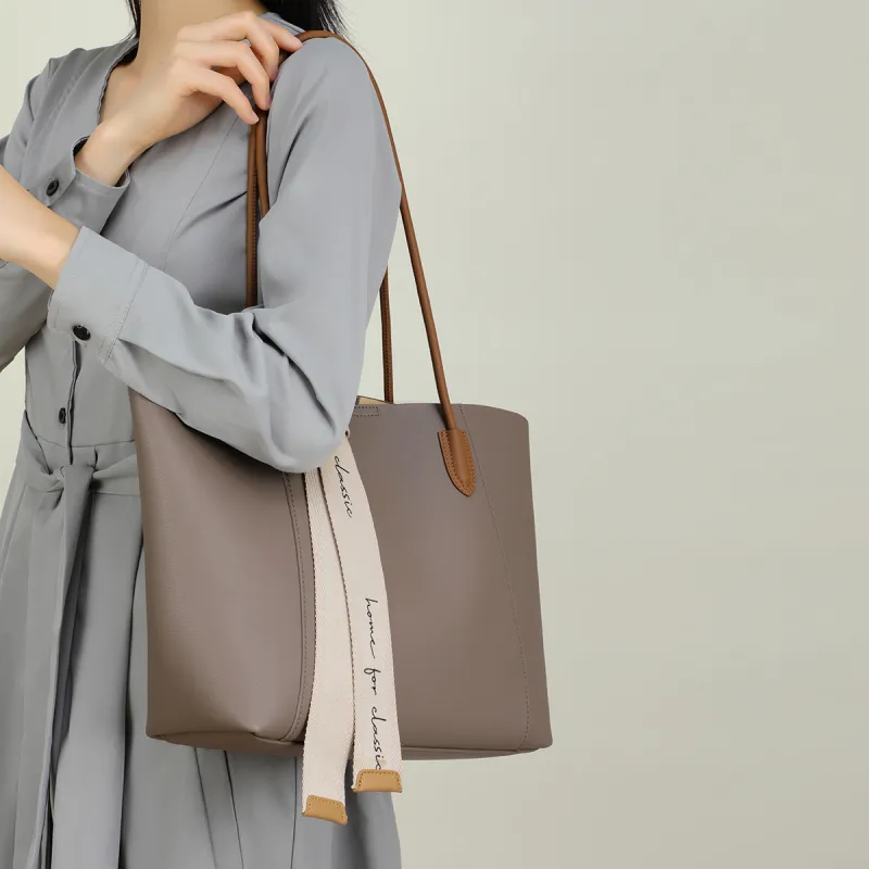 COMELY Cow Leather Patchwork Synthetic Leather Tote Bag Shoulder Bag Shopping Bag Medium Size Women's Remain Moon Gray-3