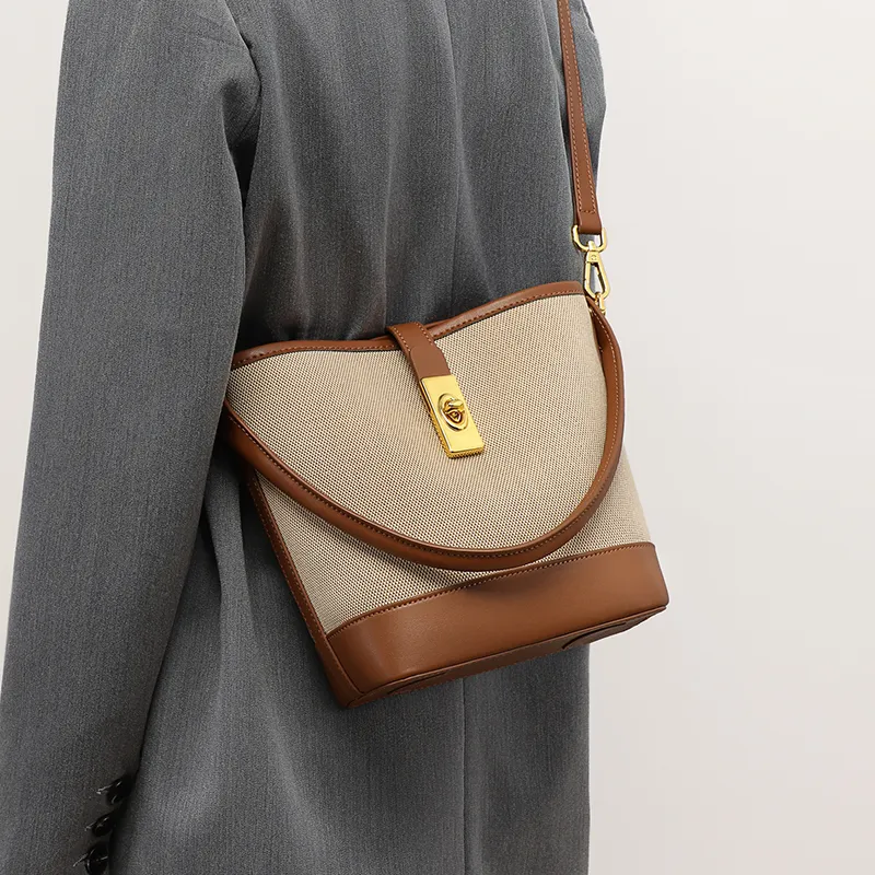 COMELY _Argument Fabric With Synthetic Leather Commute Bag Bucket Bag Shoulder Bag Handbag Regular Women's Ecru & Brown-4