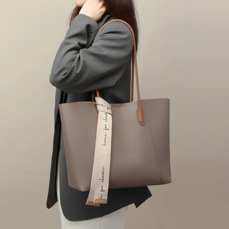COMELY Cow Leather Patchwork Synthetic Leather Tote Bag Shoulder Bag Shopping Bag Medium Size Women's Remain Moon Gray-2