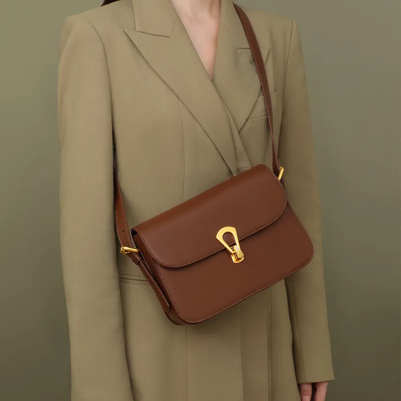COMELY Cow Leather Patchwork Synthetic Leather Tofu Bag Shoulder Bag Small Size Women's Coffee-2