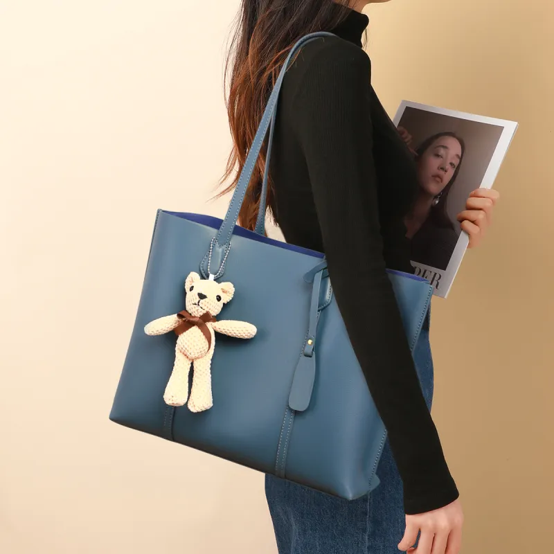 COMELY Cow Leather Patchwork Synthetic Leather Shoulder Bag Tote Regular Women's Blue Apricot Smoke Gray-2