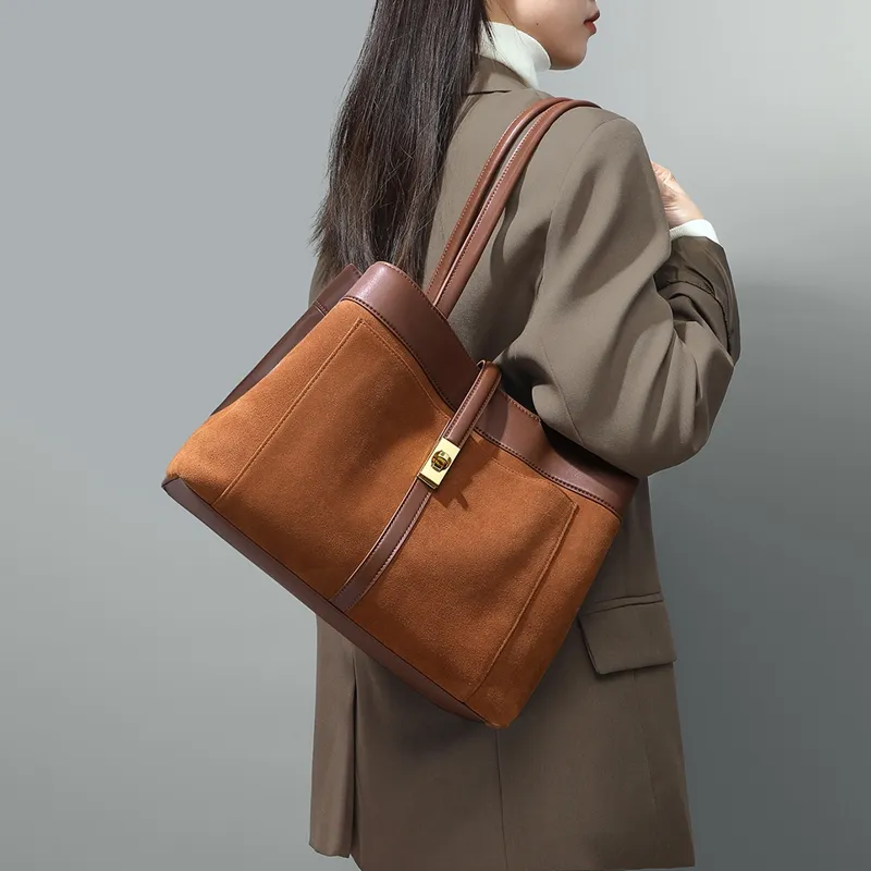 COMELY Cow Leather Patchwork Synthetic Leather Tote Bag Shopping Bag Handbag Shoulder Bag Medium Size Women's Brown-1