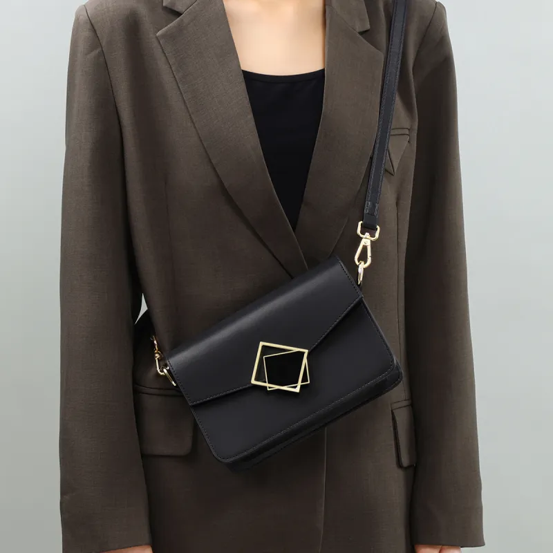 COMELY Cow Leather Patchwork Synthetic Leather Crossbody Bag Small Square Bag Small Size Women's Black-5