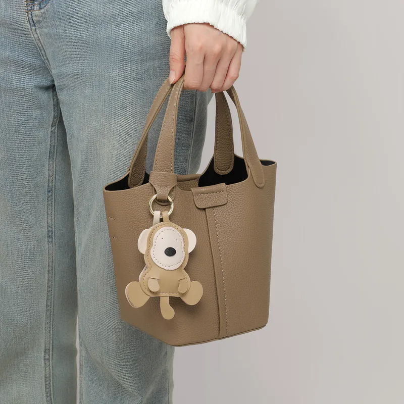 COMELY Cow Split Leather Bonded Synthetic Leather Bucket Bags One Shoulder Handbags Regular Women's Elephant Gray-3
