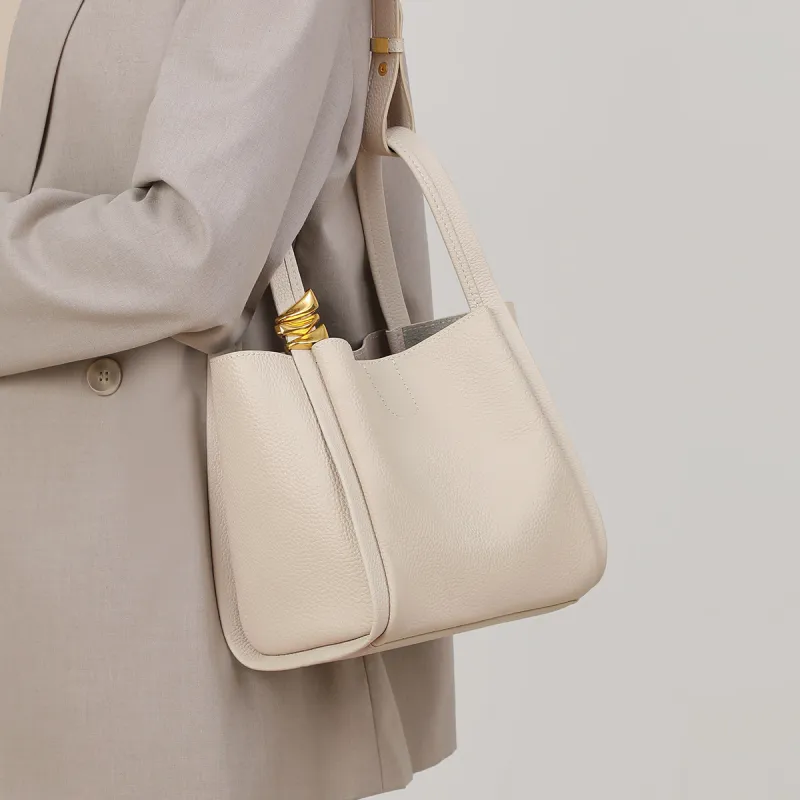 COMELY Cow Leather Bucket Bag Khaki One Shoulder Handbag Regular Women's Milkshake White/Iris Yellow-3