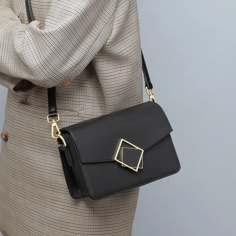 COMELY Cow Leather Patchwork Synthetic Leather Crossbody Bag Small Square Bag Small Size Women's Black-3