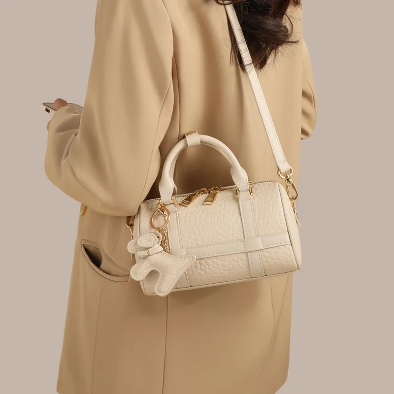 COMELY Cow Leather Boston Bag, One Shoulder Handbag, Crossbody Bag Regular Women's Camellia White-2