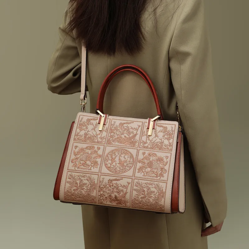 COMELY Cow Leather Mom Bag Handbag Shoulder Bag Crossbody Bag Regular Women's Beige Apricot-3