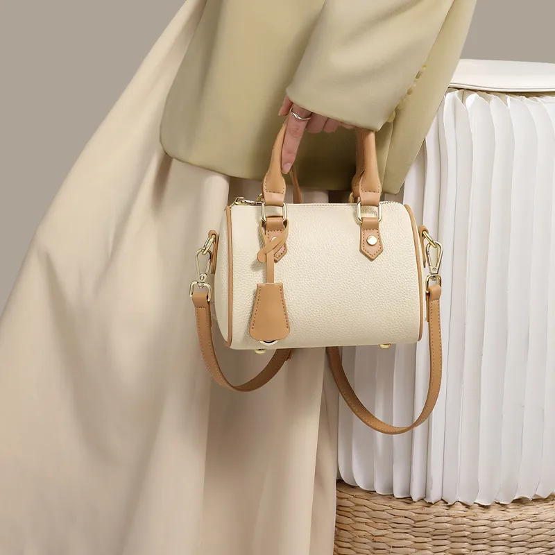 COMELY Cow Leather Shoulder Bag, Crossbody Bag, Handbag, Boston Pillow Bag Regular Women's Ecru & Apricot-2