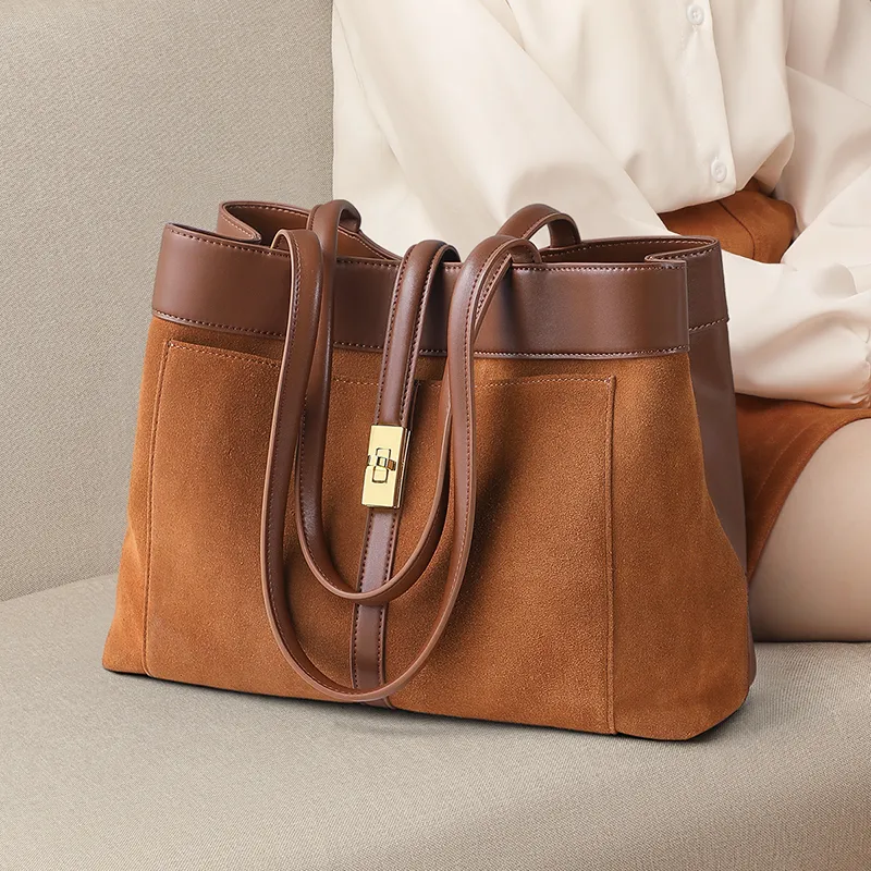 COMELY Cow Leather Patchwork Synthetic Leather Tote Bag Shopping Bag Handbag Shoulder Bag Medium Size Women's Brown-4