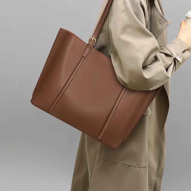 COMELY Cow Leather Patchwork Synthetic Leather Tote Bag Shopping Bag Shoulder Bags Medium Size Women's Coffee-1