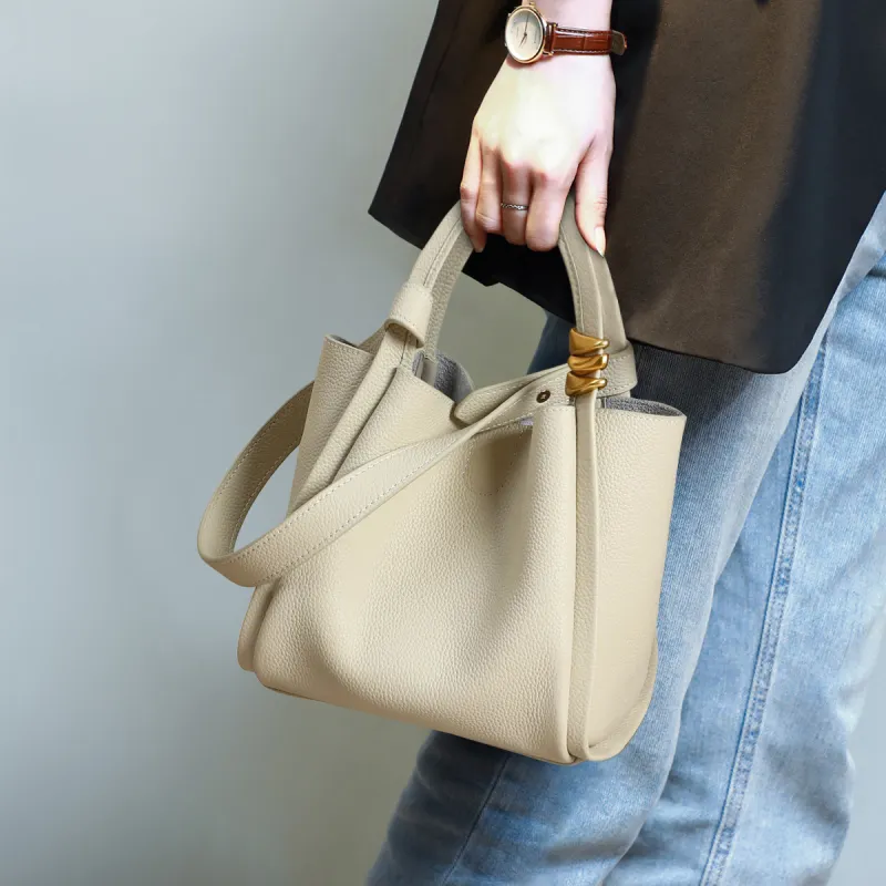 COMELY Cow Leather Bucket Bag Khaki One Shoulder Handbag Regular Women's Milkshake White/Iris Yellow-1