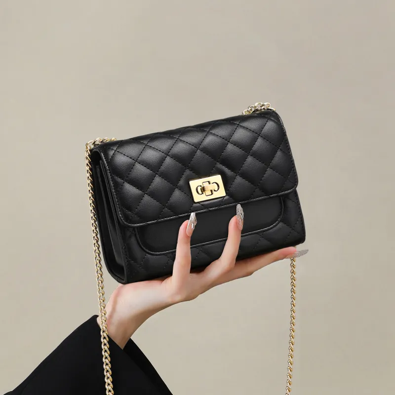 COMELY Cow Leather Chain Shoulder Bag, Crossbody Bag Regular Women's Black-1