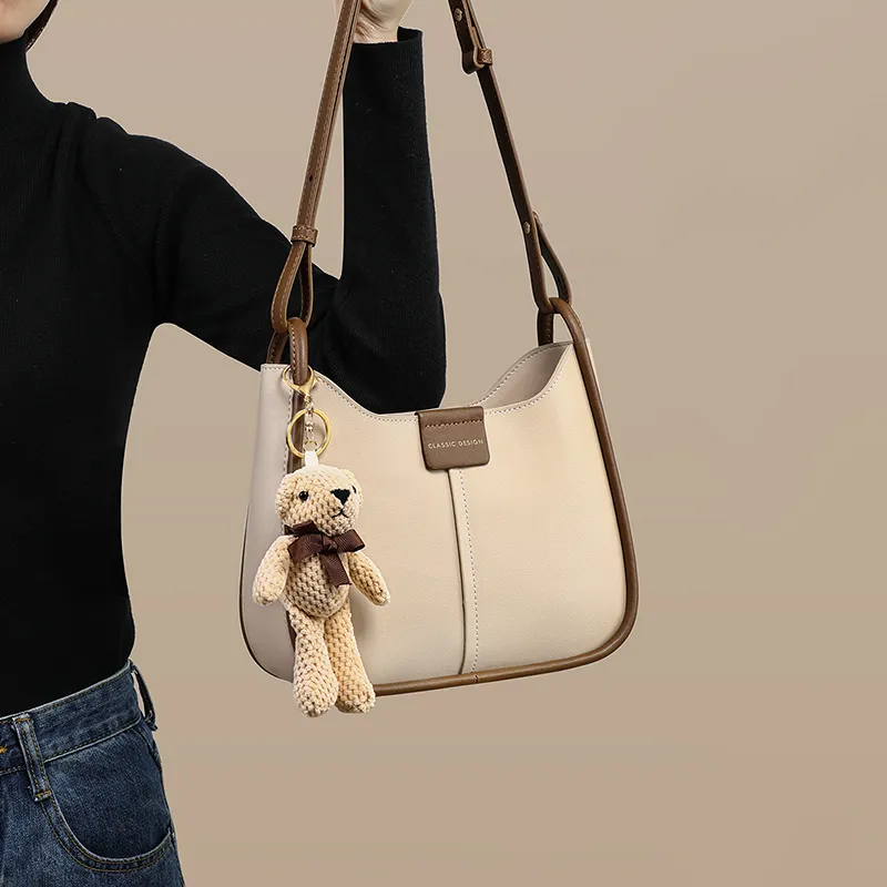 COMELY Cow Leather With Synthetic Leather Bucket Bag Saddle Bag Crossbody Bag Shoulder Bag Women's Apricot-2
