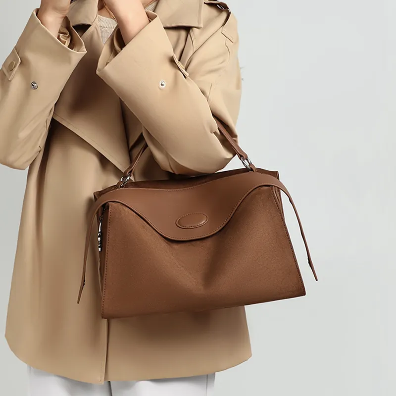 COMELY Synthetic Leather Patchwork With Cow Leather Boston Handbag Regular Women's Milk Tea Brown-3