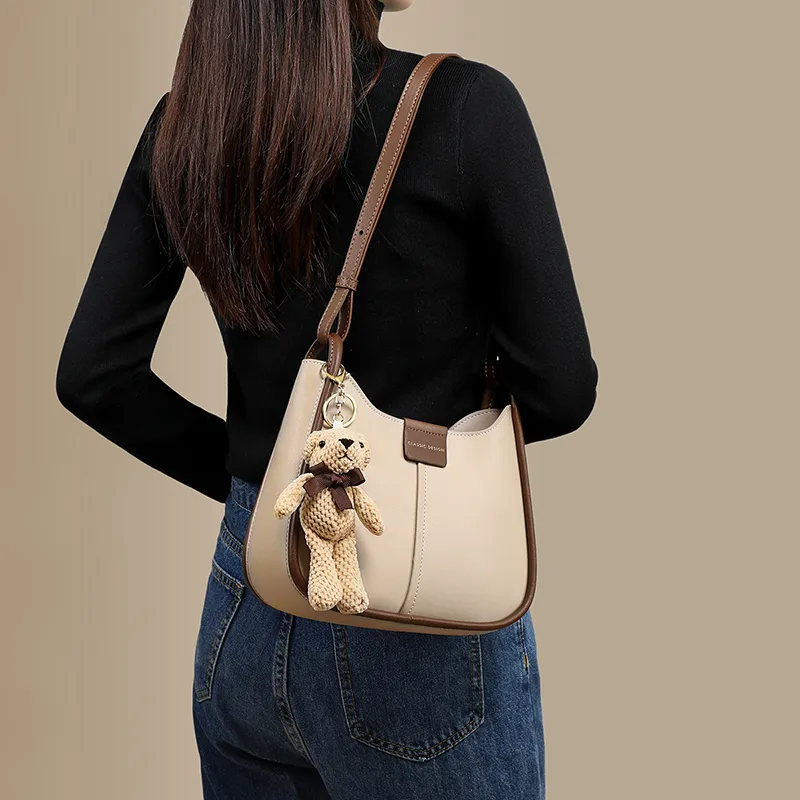 COMELY Cow Leather With Synthetic Leather Bucket Bag Saddle Bag Crossbody Bag Shoulder Bag Women's Apricot-3
