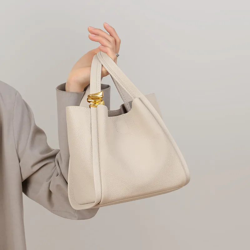 COMELY Cow Leather Bucket Bag Khaki One Shoulder Handbag Regular Women's Milkshake White/Iris Yellow-2