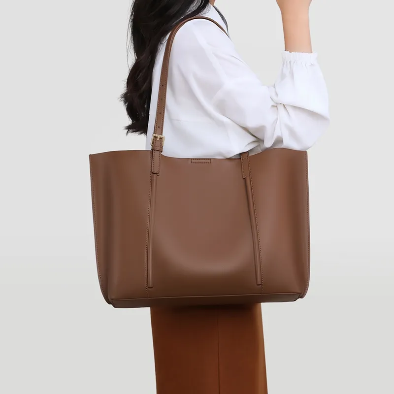 COMELY Cow Leather Patchwork Synthetic Leather Tote Bag Shopping Bag Shoulder Bags Medium Size Women's Coffee-2