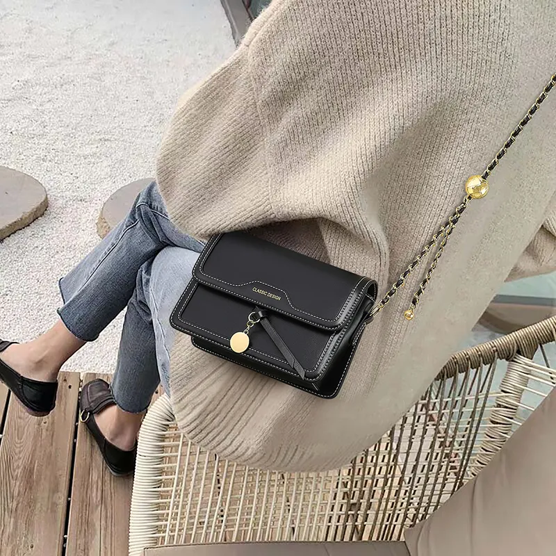 COMELY Cow Leather Crossbody Bag, Chain Bag Women's Black-4