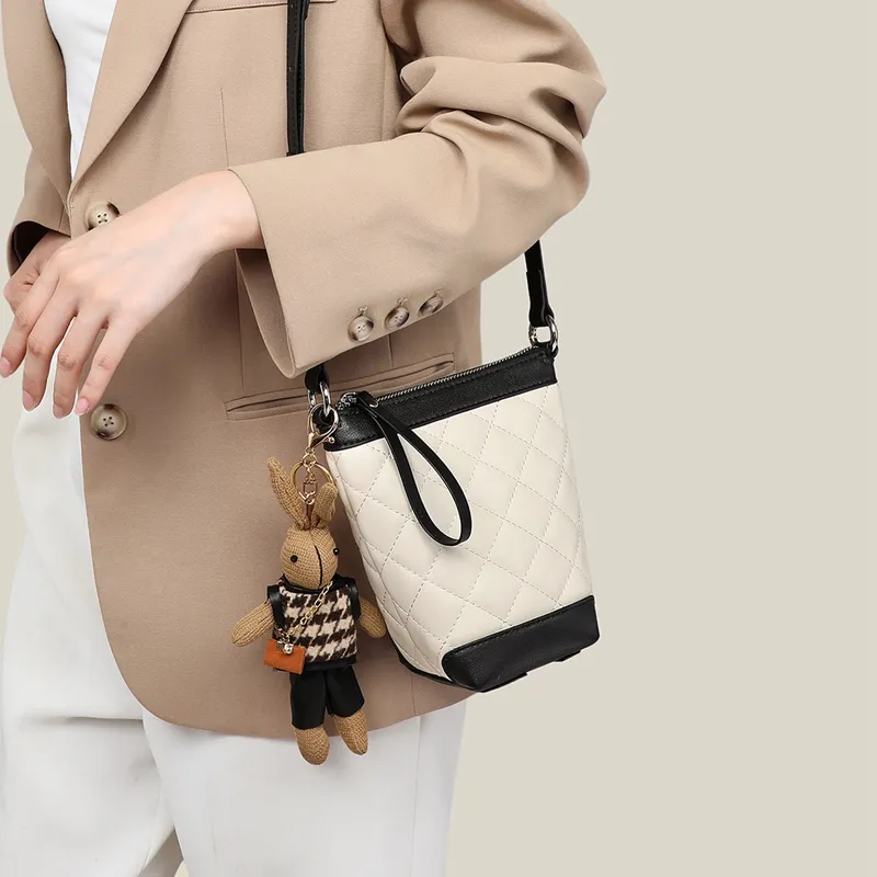 COMELY Cow Leather Patchwork Synthetic Leather Bucket Bags Shoulder Bag Crossbody Bag Small Size Women's White/Black-3
