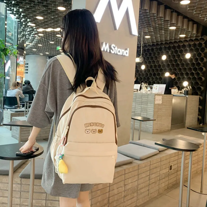COMELY Nylon Backpack Student Backpack Laptop Bag Large Size Unisex Ecru/Black-7