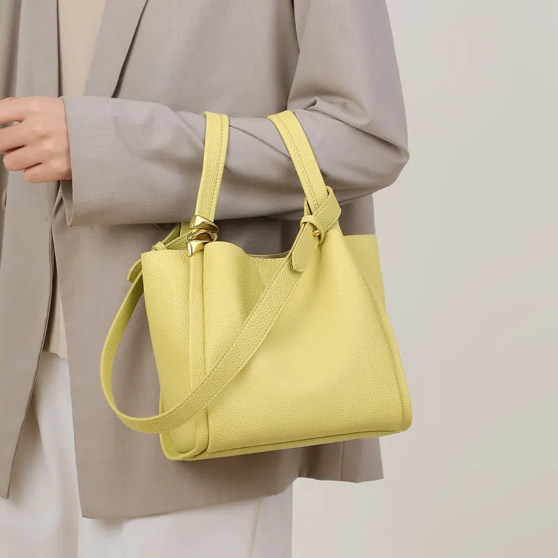 COMELY Cow Leather Bucket Bag Khaki One Shoulder Handbag Regular Women's Milkshake White/Iris Yellow-8