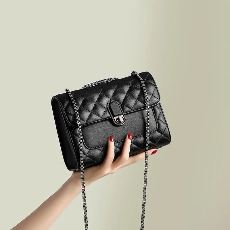 COMELY Cow Leather With Synthetic Leather Chain Bag, Shoulder Bag, Crossbody Bag Regular Women's Black-3