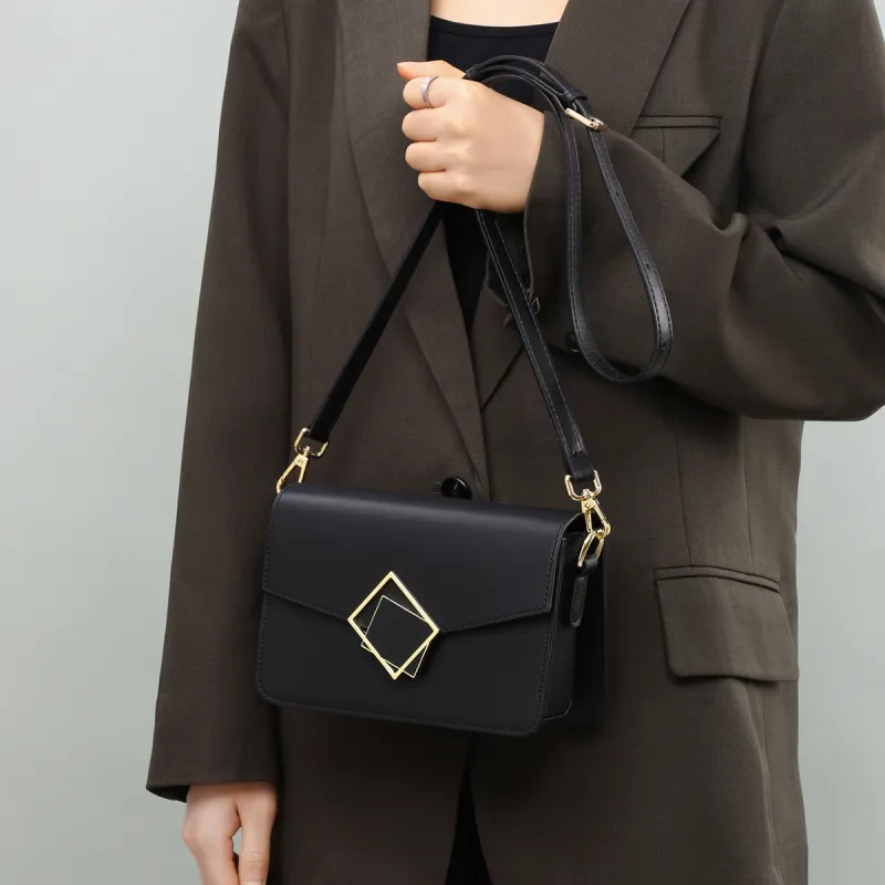 COMELY Cow Leather Patchwork Synthetic Leather Crossbody Bag Small Square Bag Small Size Women's Black-4