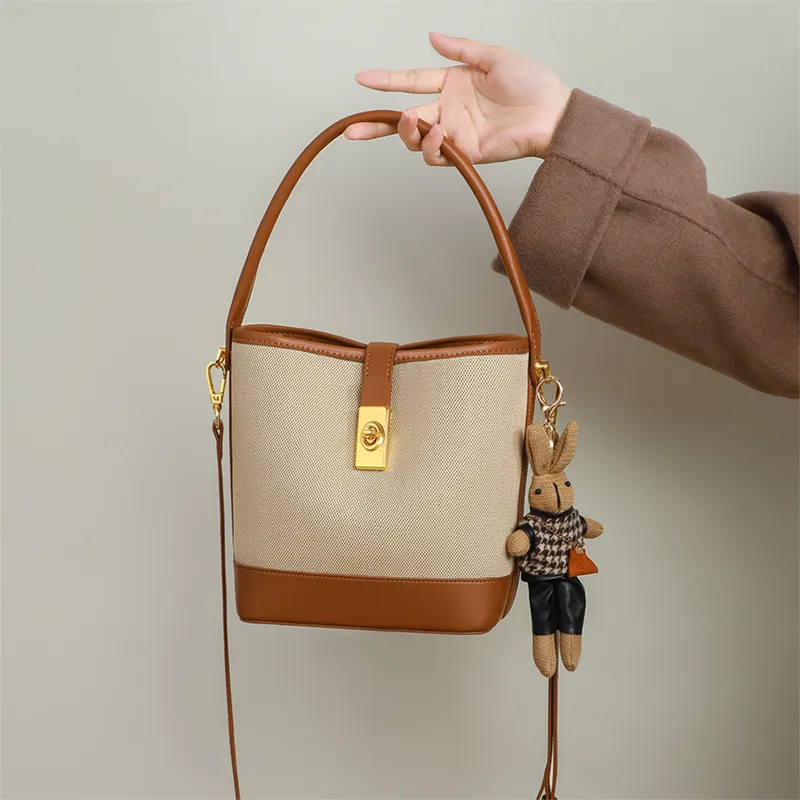 COMELY _Argument Fabric With Synthetic Leather Commute Bag Bucket Bag Shoulder Bag Handbag Regular Women's Ecru & Brown-1