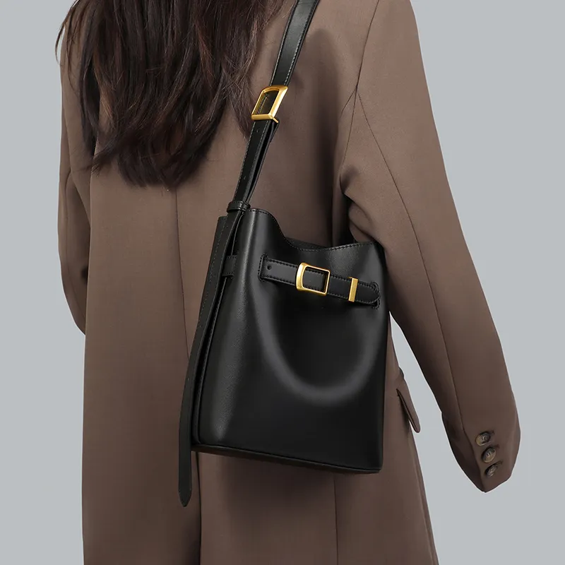 COMELY Cow Leather Patchwork Synthetic Leather Bucket Bags Shoulder Bag Crossbody Bag Regular Women's Black-2