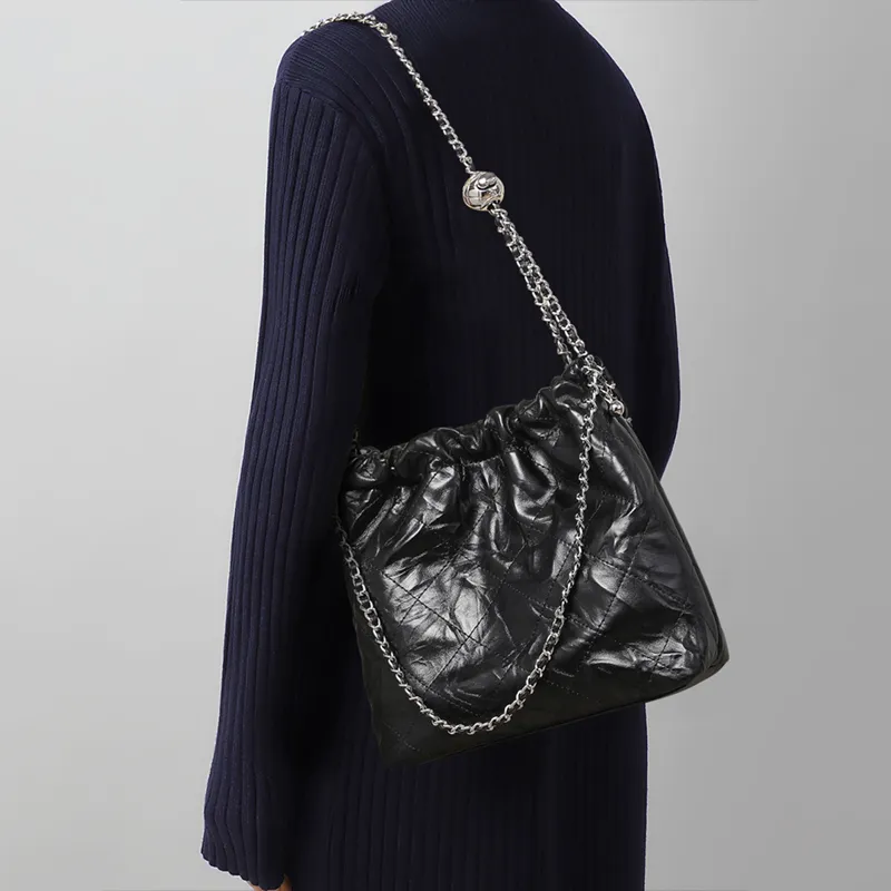 COMELY Cow Leather Patchwork Synthetic Leather Bucket Bag Chain Trash Bag Crossbody Bag Shoulder Bag Women's Black-5