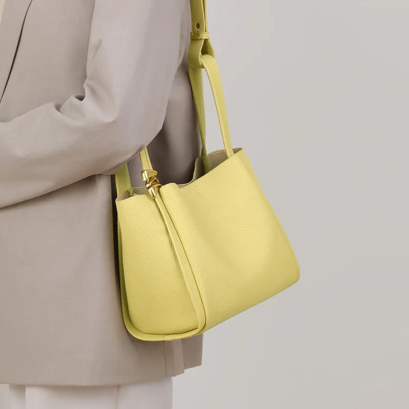 COMELY Cow Leather Bucket Bag Khaki One Shoulder Handbag Regular Women's Milkshake White/Iris Yellow-9