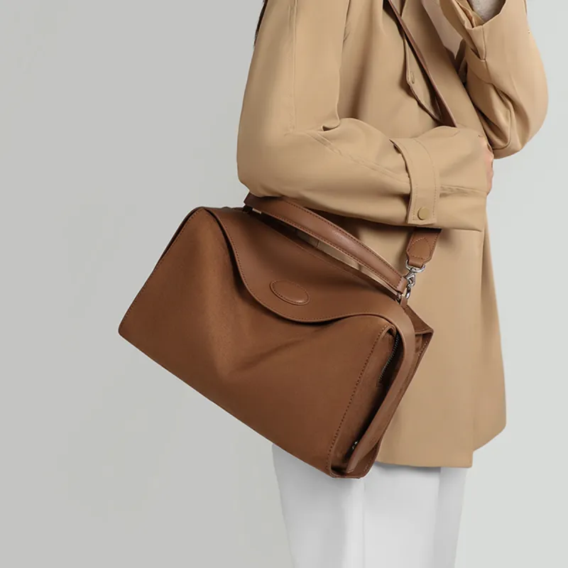 COMELY Synthetic Leather Patchwork With Cow Leather Boston Handbag Regular Women's Milk Tea Brown-4