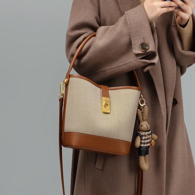 COMELY _Argument Fabric With Synthetic Leather Commute Bag Bucket Bag Shoulder Bag Handbag Regular Women's Ecru & Brown-2