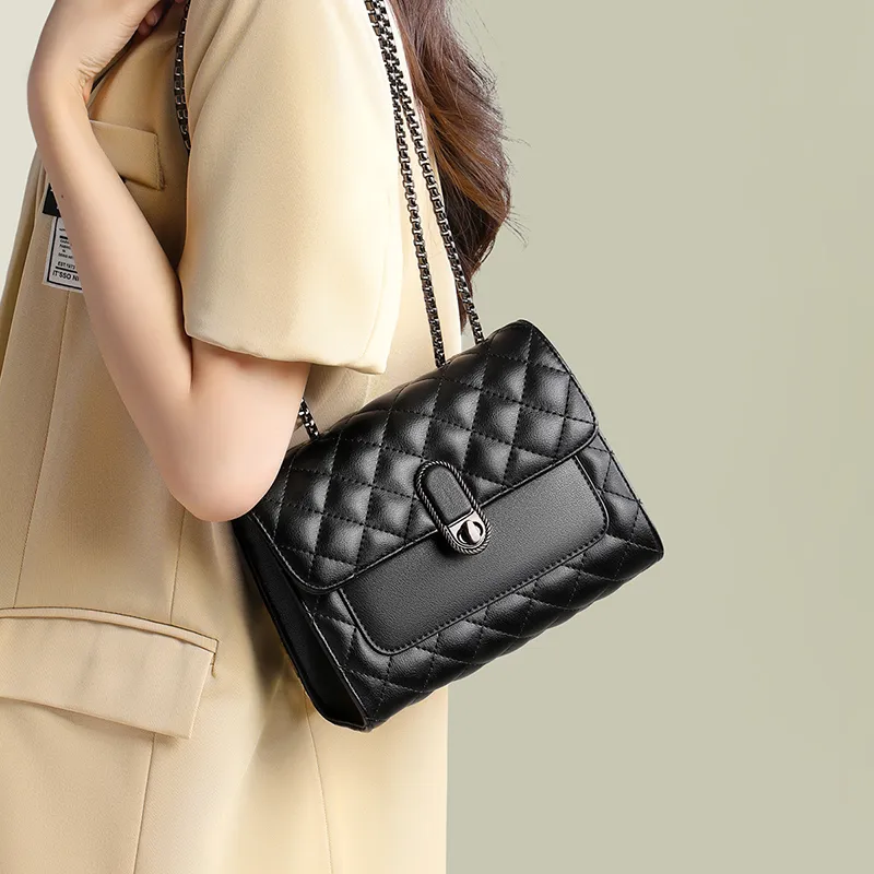 COMELY Cow Leather With Synthetic Leather Chain Bag, Shoulder Bag, Crossbody Bag Regular Women's Black-2