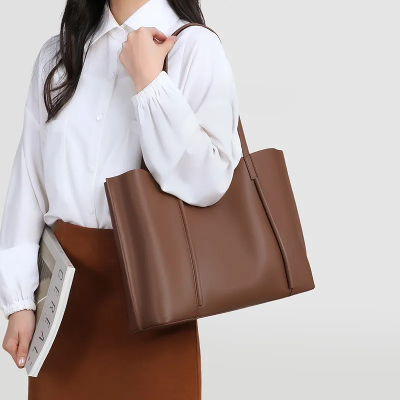 COMELY Cow Leather Patchwork Synthetic Leather Tote Bag Shopping Bag Shoulder Bags Medium Size Women's Coffee-4