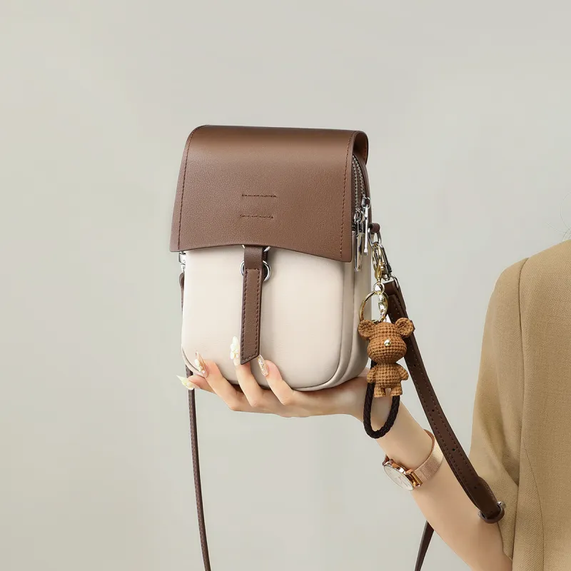COMELY Cow Leather Cell Phone Pouch, Shoulder Bag, Crossbody Bag Regular Women's White & Coffee-2