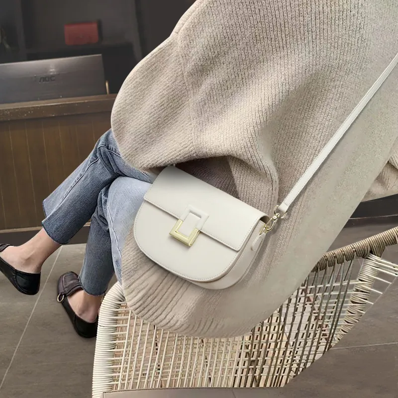 COMELY Cow Leather Patchwork Synthetic Leather Saddle Bag Shoulder Bag Crossbody Bag Regular Women's Milk White-4
