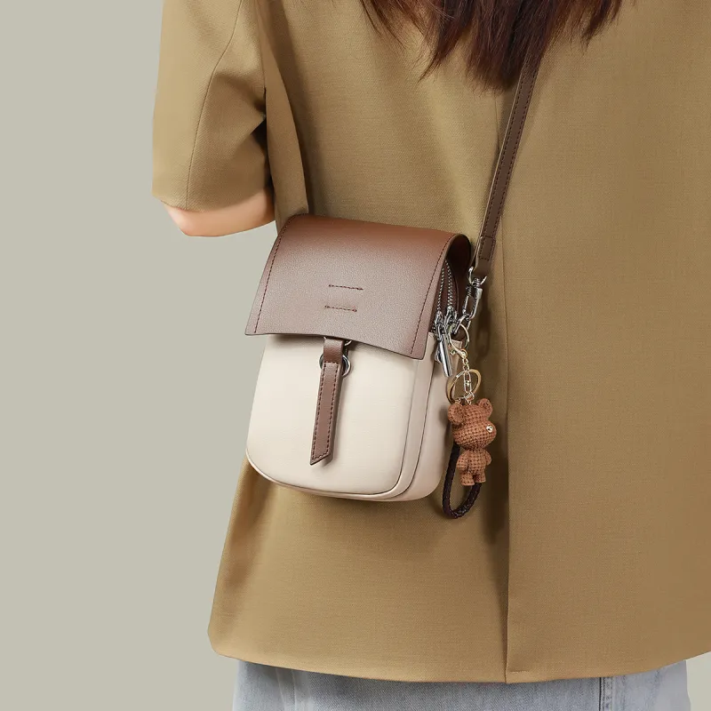 COMELY Cow Leather Cell Phone Pouch, Shoulder Bag, Crossbody Bag Regular Women's White & Coffee-1