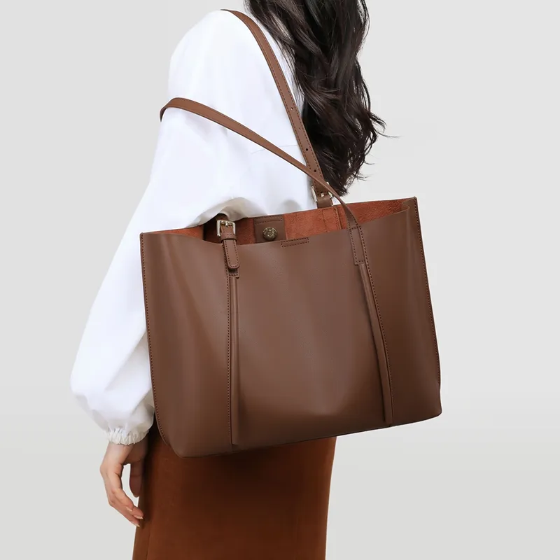 COMELY Cow Leather Patchwork Synthetic Leather Tote Bag Shopping Bag Shoulder Bags Medium Size Women's Coffee-5