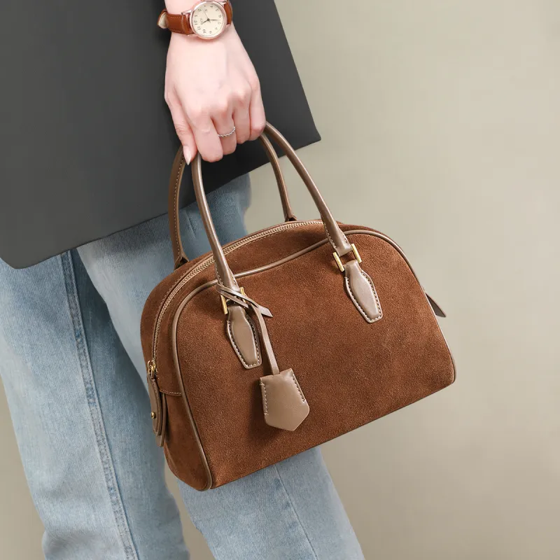 COMELY Cow Leather Boston Bag One Shoulder Handbags Regular Women's Chocolate/Khaki-6