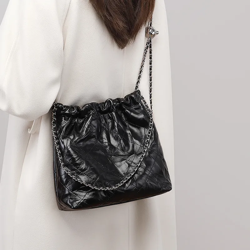 COMELY Cow Leather Patchwork Synthetic Leather Bucket Bag Chain Trash Bag Crossbody Bag Shoulder Bag Women's Black-1