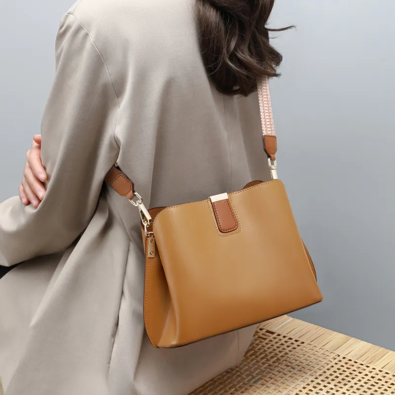 COMELY Cow Leather With Synthetic Leather Bucket Bag, Shoulder Bag, Crossbody Bag Regular Women's Sunset Yellow-4
