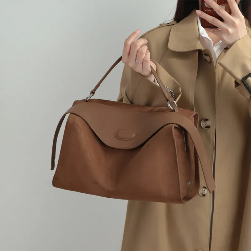 COMELY Synthetic Leather Patchwork With Cow Leather Boston Handbag Regular Women's Milk Tea Brown-2