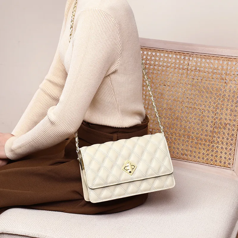 COMELY Cow Leather Patchwork Synthetic Leather Small Square Bag Chain Crossbody Bag Regular Women's White-1