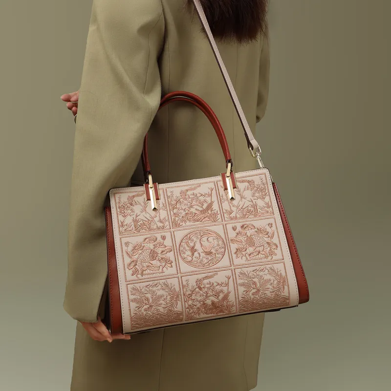 COMELY Cow Leather Mom Bag Handbag Shoulder Bag Crossbody Bag Regular Women's Beige Apricot-4