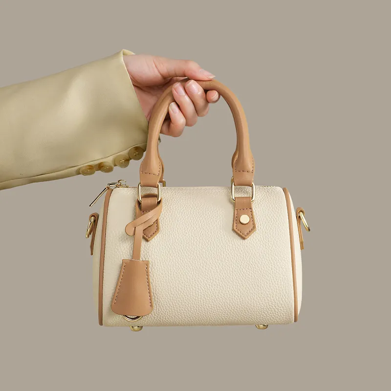 COMELY Cow Leather Shoulder Bag, Crossbody Bag, Handbag, Boston Pillow Bag Regular Women's Ecru & Apricot-3