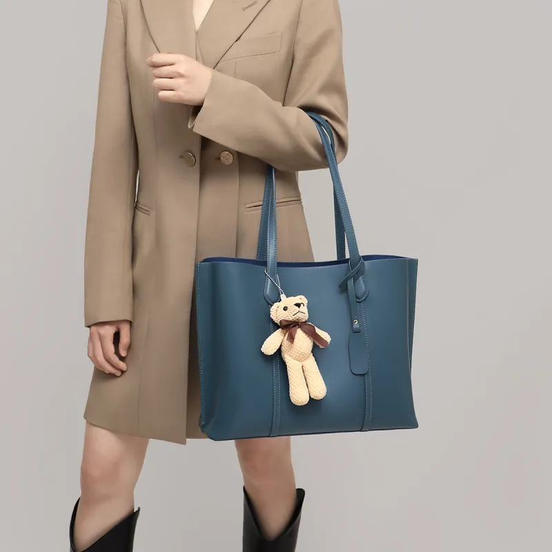 COMELY Cow Leather Patchwork Synthetic Leather Shoulder Bag Tote Regular Women's Blue Apricot Smoke Gray-3